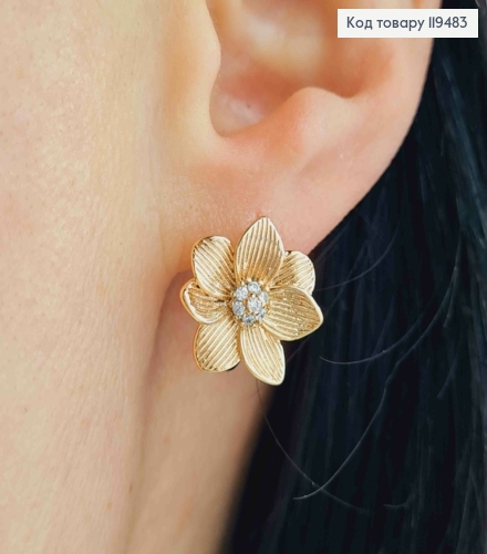 Серьги кольца овальные "Цветочек" с блестящими камешками, 1,4см, Xuping 18К. 119483 фото 1