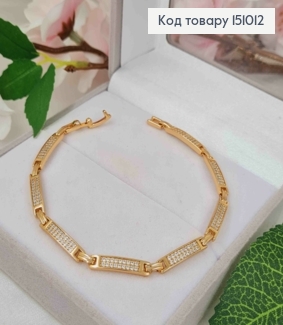 Браслет, плетение прямоугольными пластинками с камешками в два ряда, шир 4мм, длина 19см, Xuping 18K. 151012 фото