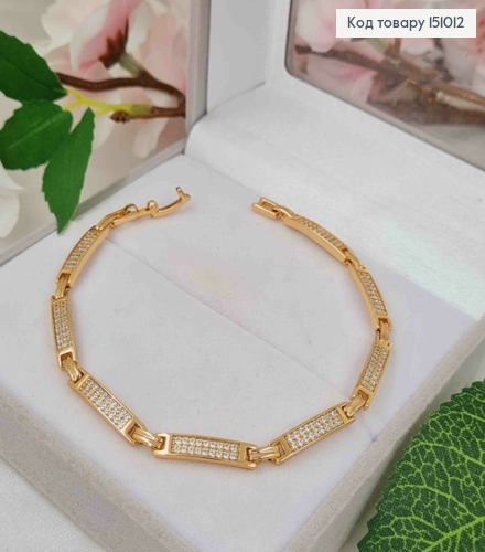 Браслет, плетение прямоугольными пластинками с камешками в два ряда, шир 4мм, длина 19см, Xuping 18K. 151012 фото 1