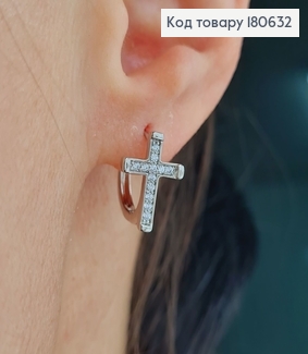 Серьги родированые кольца, с хрестом в камнях 1,5см, Хuping 180632 фото