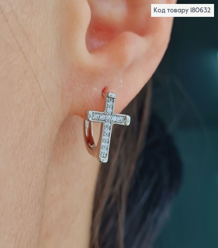 Серьги родированые кольца, с хрестом в камнях 1,5см, Хuping 180632 фото 1