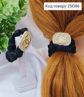 Резинка жатка Чорного кольору, з пластинкою "Шанель" в камінцях, 6см 251086 фото