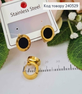 Серьги кольца 1см, Римские часы с черной эмалью, цвет лимонный, Stainless Steel 260030 фото