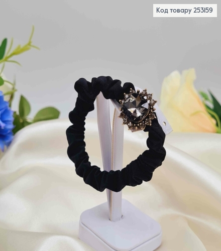Резинка жатка 6см, з квіточкою з Графітовими камінцями, чорного кольору 253159 фото 1