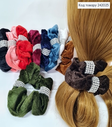 Резинка велюр об'ємна  з камінцями та пояском в асорт. 242025 фото 1