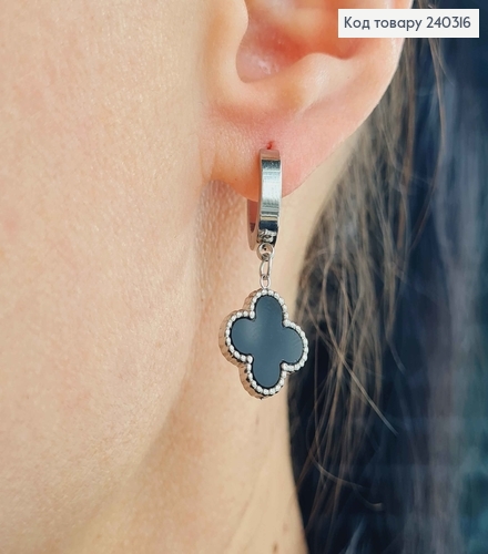 Серьги кольца серебряного цвета с подвеской четырехлистник с черной эмалью, сталь Stainless Steel 240316 фото 2