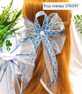 Бант БЕЛЫЙ с Синим орнаментом, на резинке, ткань органза+репс, размер 14*21см, ручная работа 276097 фото
