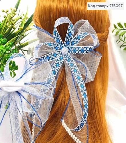 Бант БЕЛЫЙ с Синим орнаментом, на резинке, ткань органза+репс, размер 14*21см, ручная работа 276097 фото 1