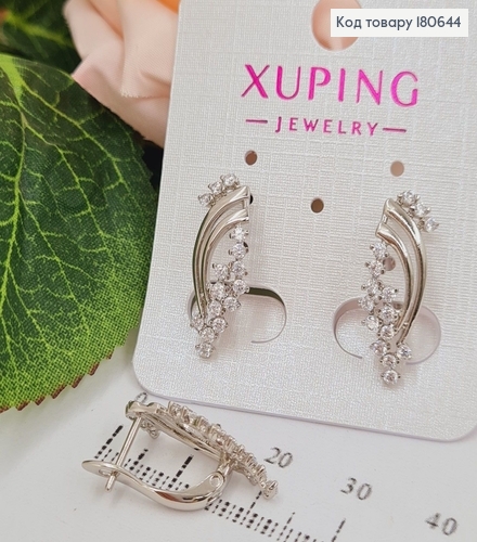 Сережки родированые нежные с камнями, с английской застежкой, 2,2*1см, Хuping 180644 фото 1