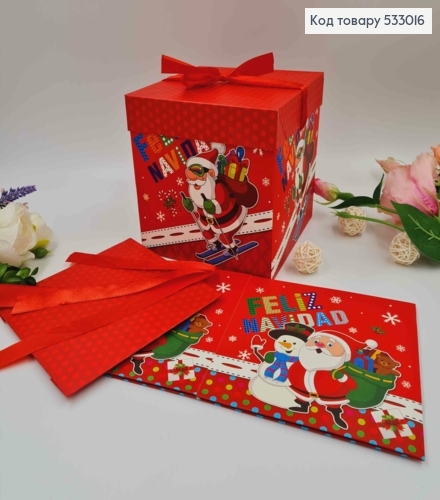 Коробка складная, с крышкой, Красная с новогодним принтом, 15*15*15см, асорт. 533016 фото 1