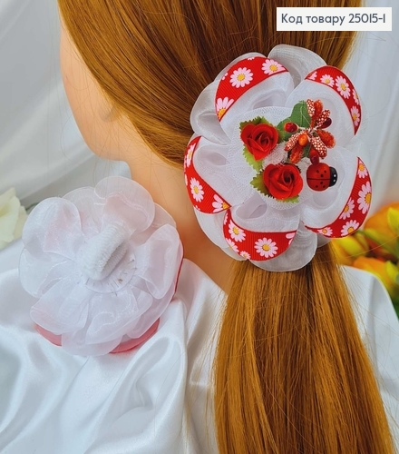 Резинка Бант, Украинский мотив с красным цветком и божьей коровкой,10см, Украина 25015-1 фото 1