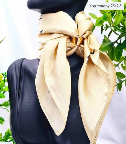 Хустка з колечком, Кремового кольору з малюнком "Пташки", 70*70см, 100% поліестр (шовк) 254218 фото 1