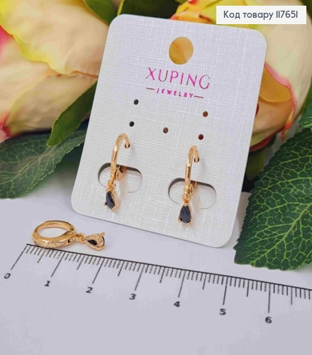 Серьги кольца с подвесным черным камешком, диаметр 1,1см, Xuping 18к. 117651 фото 1