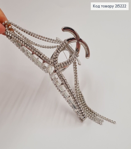 Краб металл ШАНЕЛЬ, 11,5см с цепочкой, в камнях, серебряного цвета 215222 фото 3