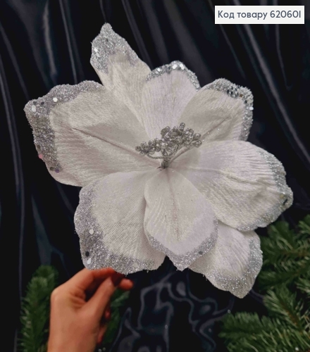 "Рождественник"округленный БЕЛЫЙ+серебро, диаметр 19-21см, бархатный, на мет.стержне 19см 620601 фото 1