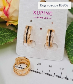 Серьги кольца 1,5см, с черной линией, с камешками, Xuping 18K 116939 фото