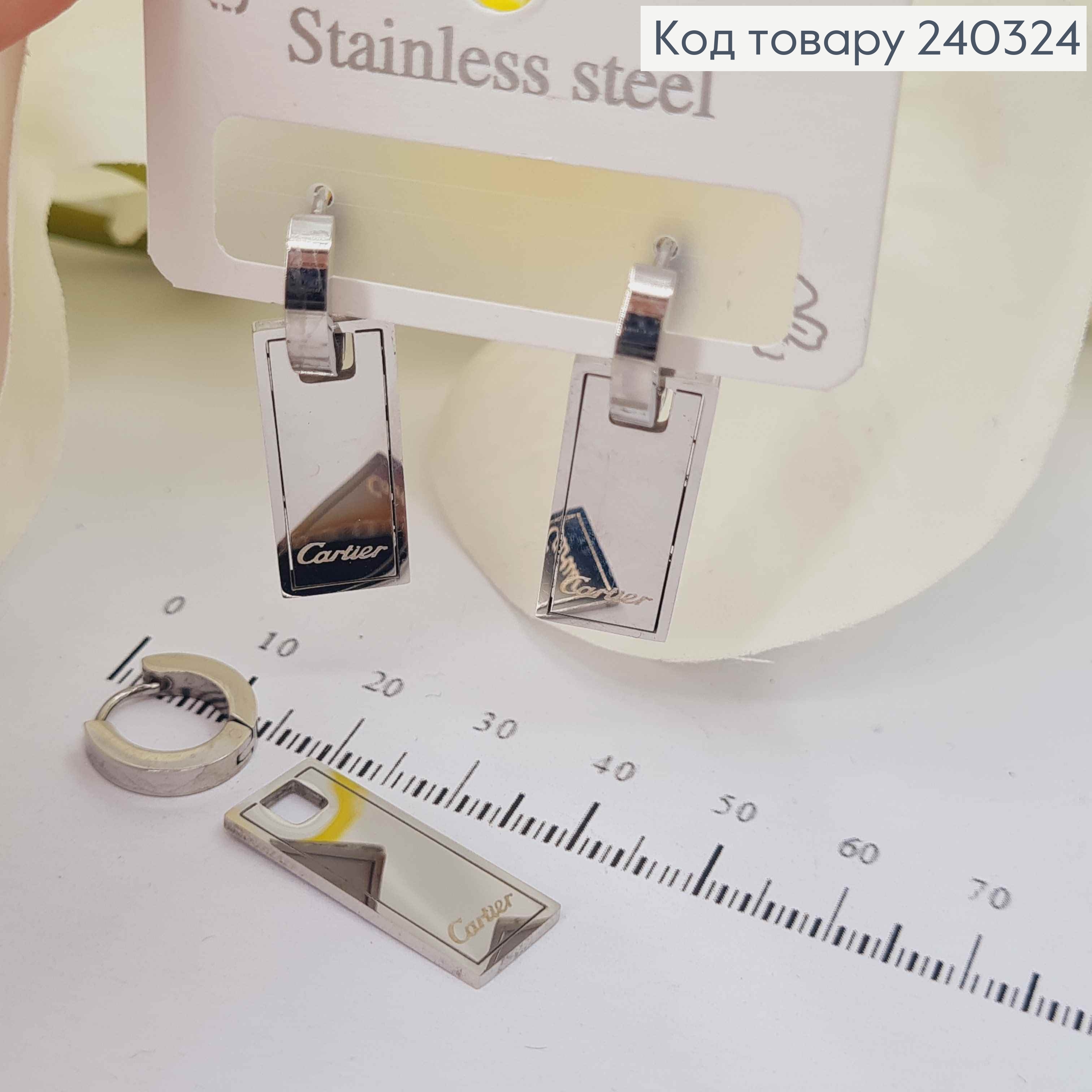 Серьги кольца серебряного цвета, с пластинкой 2,5см "Картье" сталь Stainless Steel 240324 фото 2