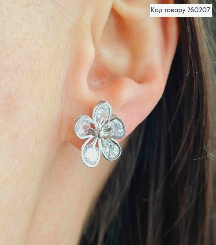 Сережки гвіздки срібного кольору, "Квіточка" в Блискучих камінцях (1,3см),сталь XianGuang 260207 фото 1