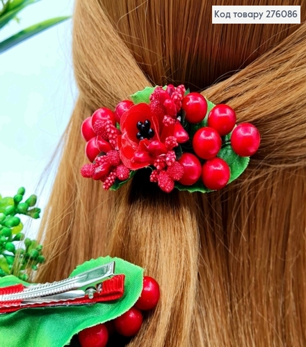 Заколка стрела с Красным Маком и Калиной + Красное приложение, заколка 5см, композиция 8см, ручная работа 276086 фото 1