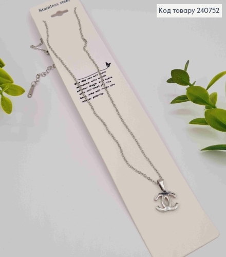 Цепочка серебряного цвета, с подвеской CHANEL (1,1см), 40+5см, сталь Stainless Steel 240752 фото 1