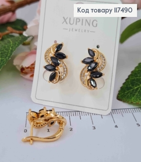 Серьги "Черный Лыбидь" с черными и блестящими маленькими камешками,1,3см, англ. застежка, Xuping 18К 117490 фото