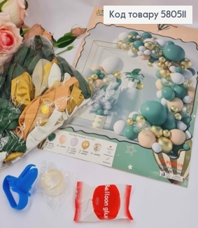 Набір повітряних куль "Фотозона"ЗЕЛЕНО-БІЛА-ЗОЛОТА",117шт(18"12",10",5")+2стрічки 580511 фото