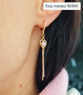 Серьги кольца 1см, с подвеской сердечком с камешком, и цепочками, 4см, Xuping 18K 116566 фото