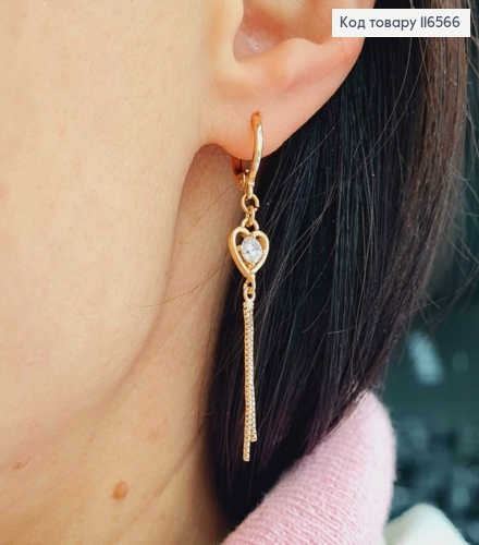 Серьги кольца 1см, с подвеской сердечком с камешком, и цепочками, 4см, Xuping 18K 116566 фото 1