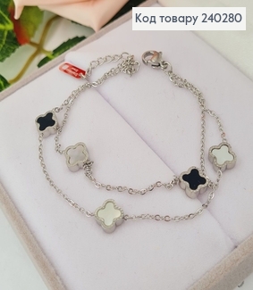 Браслет 17.5+4см Van Cleef тонкий с двусторон. подвесками, ч/б эмаль, цвет серебряный, Stainless Steel 240280 фото