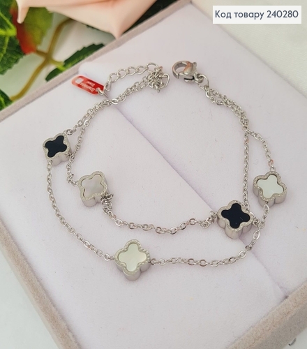 Браслет 17.5+4см Van Cleef тонкий с двусторон. подвесками, ч/б эмаль, цвет серебряный, Stainless Steel 240280 фото 1