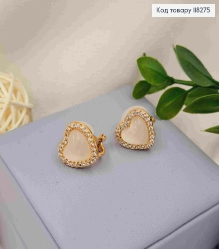 Сережки кліпси "Перламутрове Серце" в оправі з камінців, 1,3см, Xuping 18К 118275 фото 2