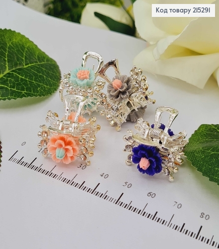 Краб металл серебряного цвета, 2,5см, с камешками и цветочками, цвета в ассорт. 215291 фото 2