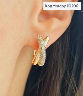 Сережки "Х" прикрашені Блискучими камінцями,  довжина 1,6см, англійська застібка, Xuping 18К 110206 фото