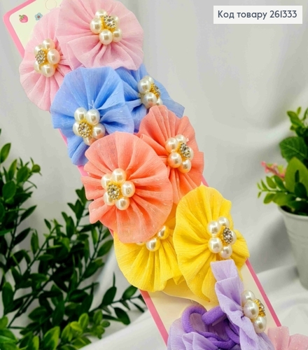 Набор резинок (20шт), БАНТИК + ЦВЕТОК из камешков, Яркие цвета, резинка 3см, бантик 5,5см. 261333 фото 1