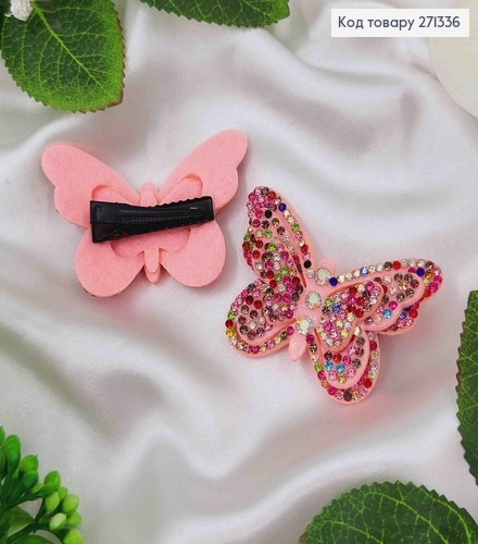 Заколка Стрела Бабочка (мягкий) 5,5*3,5см Розовый с разноцветными камешками 271336 фото 2