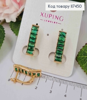 Серьги "ВЕЧНОСТЬ" с камнями в один ряд ЗЕЛЕНОГО цвета, дл. 2см, английский застежка, XUPING 18K 117450 фото