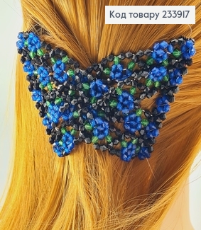 Заколка Монтера для волос черная с синим цветочком 233917 фото