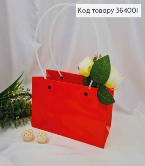 Флористическая сумочка глянцевая КРАСНАЯ, для цветов и подарков, с пластиковыми ручками, 22*11*13,5см. 364001 фото