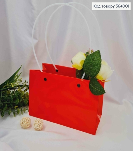 Флористическая сумочка глянцевая КРАСНАЯ, для цветов и подарков, с пластиковыми ручками, 22*11*13,5см. 364001 фото 1