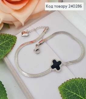 Браслет 21.5+5 см Van Cleef плоский снейк с черной эмалью, цвет серебряный, Stainless Steel 240286 фото