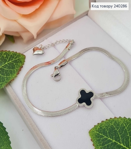 Браслет 21.5+5 см Van Cleef плоский снейк с черной эмалью, цвет серебряный, Stainless Steel 240286 фото 1