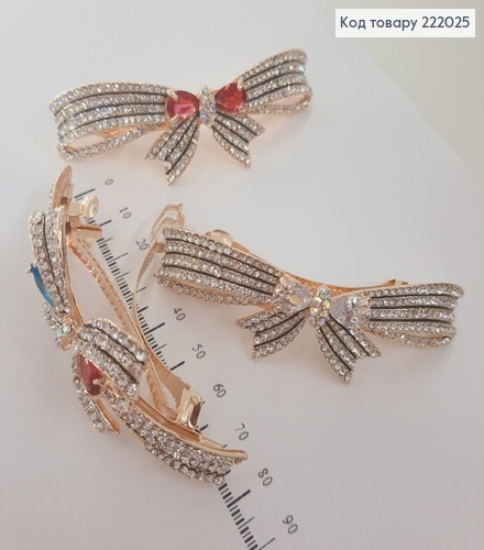 Заколка автомат металл Бантик с цветными камнями 8 см 222025 фото 3