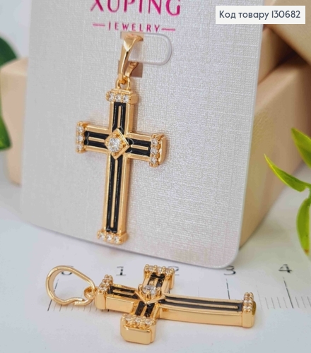 Крестик с Черной эмалью и Блестящими камешками по краям и внутри, 2,7*1,8см, Xuping 18K 130682 фото 1