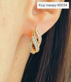 Серьги "Волны" украшены Блестящими камешками, длина 1,8см, английская застежка, Xuping 18K 110034 фото