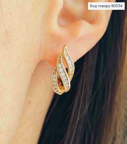 Серьги "Волны" украшены Блестящими камешками, длина 1,8см, английская застежка, Xuping 18K 110034 фото 1