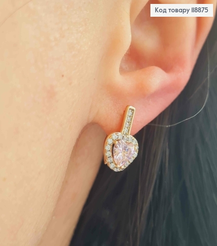 Сережки "Гаряче Серце" з Рожевим каменем в оправі з камінців, 1,6см, англійська застібка, Xuping 18К 118875 фото 2