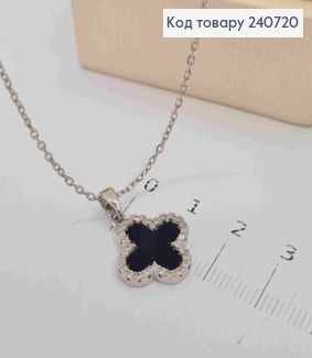 Ланцюжок срібного кольору, з підвіскою Van Cleef з Чорною емаллю, 40+5см, сталь Stainless Steel 240720 фото