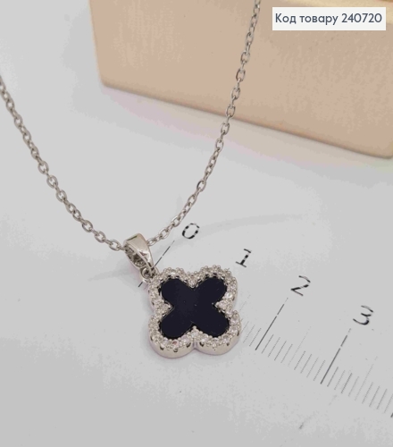 Цепочка серебряного цвета, с подвеской Van Cleef с черной эмалью, 40+5см, сталь Stainless Steel 240720 фото 1