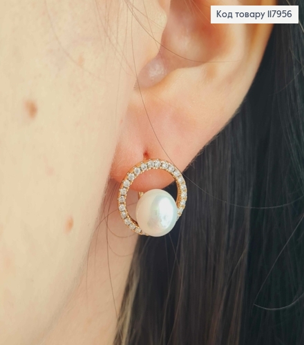Серьги, Жемчужинка в кругу из камней, 1,4см, английская застежка, Xuping 18K 117956 фото 3