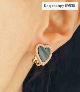 Серьги-клипсы "Сердце" с Черной эмалью и Камешками, 1,3см, Xuping 18K 119538 фото